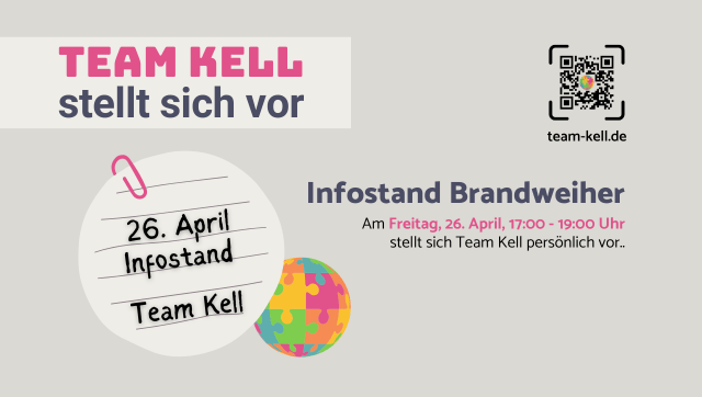 Einladungskarte Team Kell: Text "Team Kell stellt sich vor", Termindaten, Logo (runder bunter Puzzle-Ball)