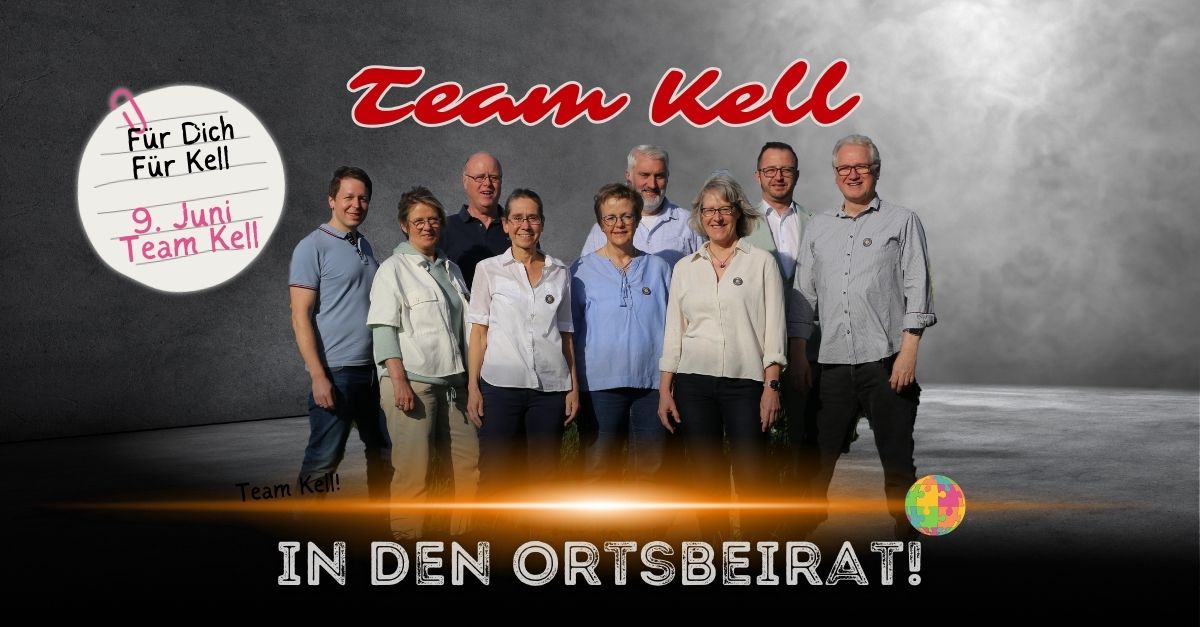 Gruppenbild: Die Kandidaten von Team Kell für die Wahl des Ortsbeirats von Kell vor einem dunklen Hintergrund