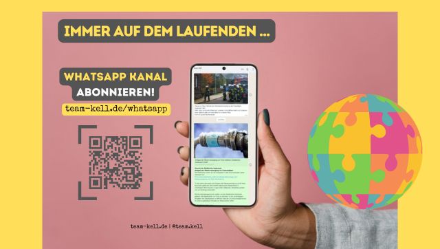 WhatsApp Kanal Team Kell abonnieren. Smartphone mit WhatsApp Chat, QR Code zum Teilen, URL des Kanals