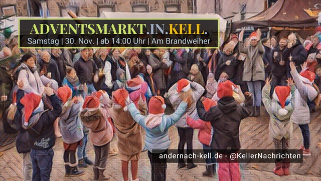 Adventsmarkt in Kell. Eine Kindergruppe mit Nikolausmützen führt eien Tanz auf.