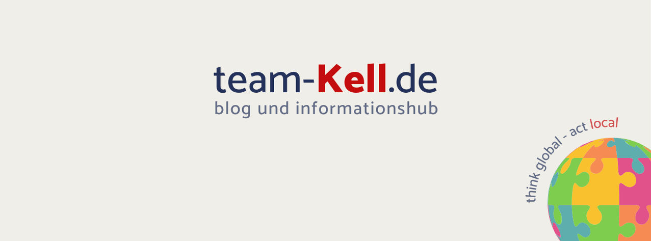 team kell - blog und informationshub: Bannerbild heller Hintergrund, Erdkugel mit bunten Puzzleteilen in der rechten unteren Ecke