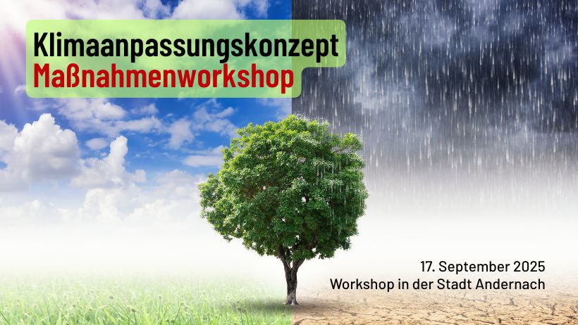 Symbolbild Klimawandel und Klimaanpassung. Ein Baum in der Mitte. Links eine Landschaft mit blauem Himmel, saftiger Wiese, rechts verregneter Himmel und ausgetrockneter Boden